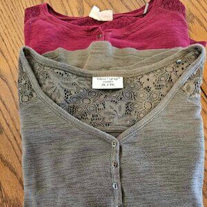 XL Henley Duo - 1 Short-Sleeve & 1 Long-Sleeve w/ Lace Detail
